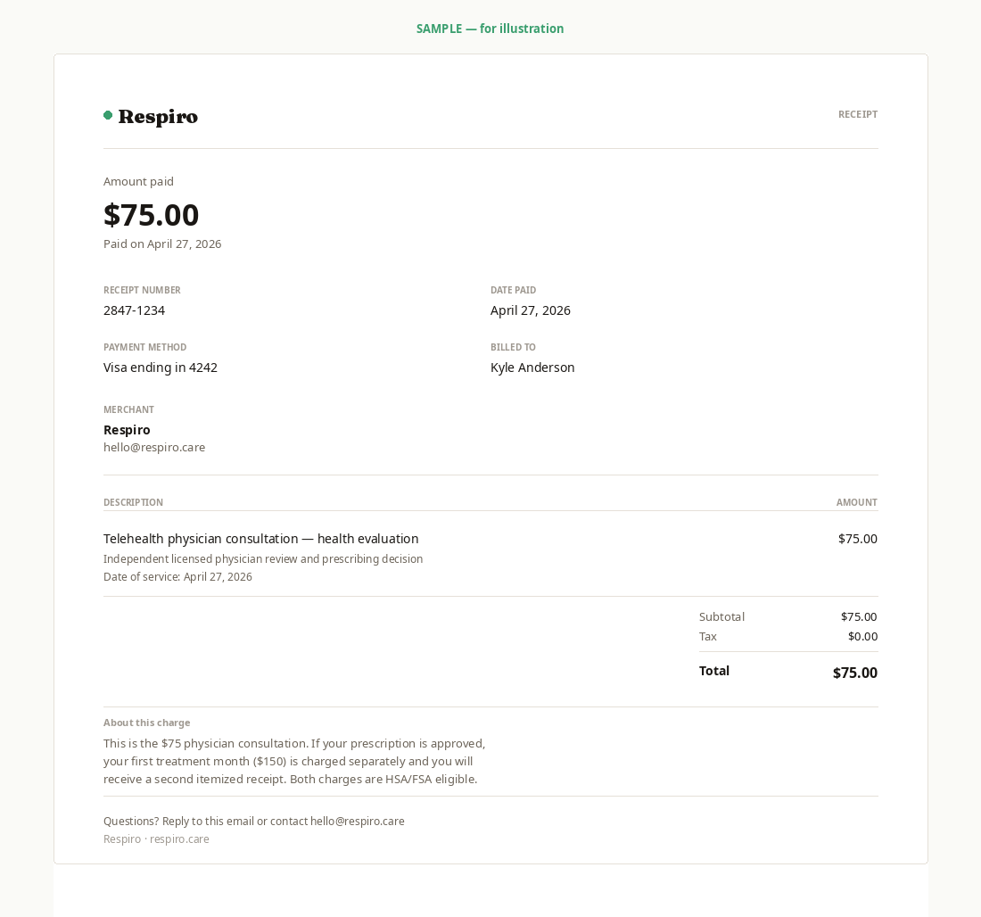 Sample Respiro receipt for the $75 physician consultation, with merchant name, date of service, and itemized description